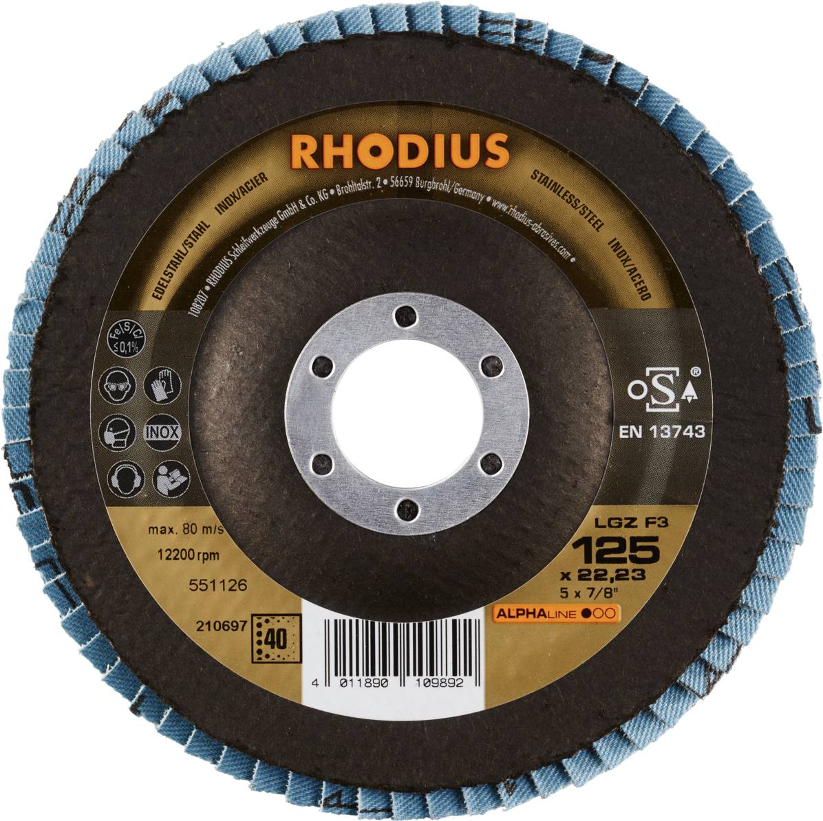 Ein Schleifteller der Marke 'Rhodius' mit Spezifikationen für Edelstahlbearbeitung. Durchmesser: 125 mm, Maximalgeschwindigkeit: 80 m/s.