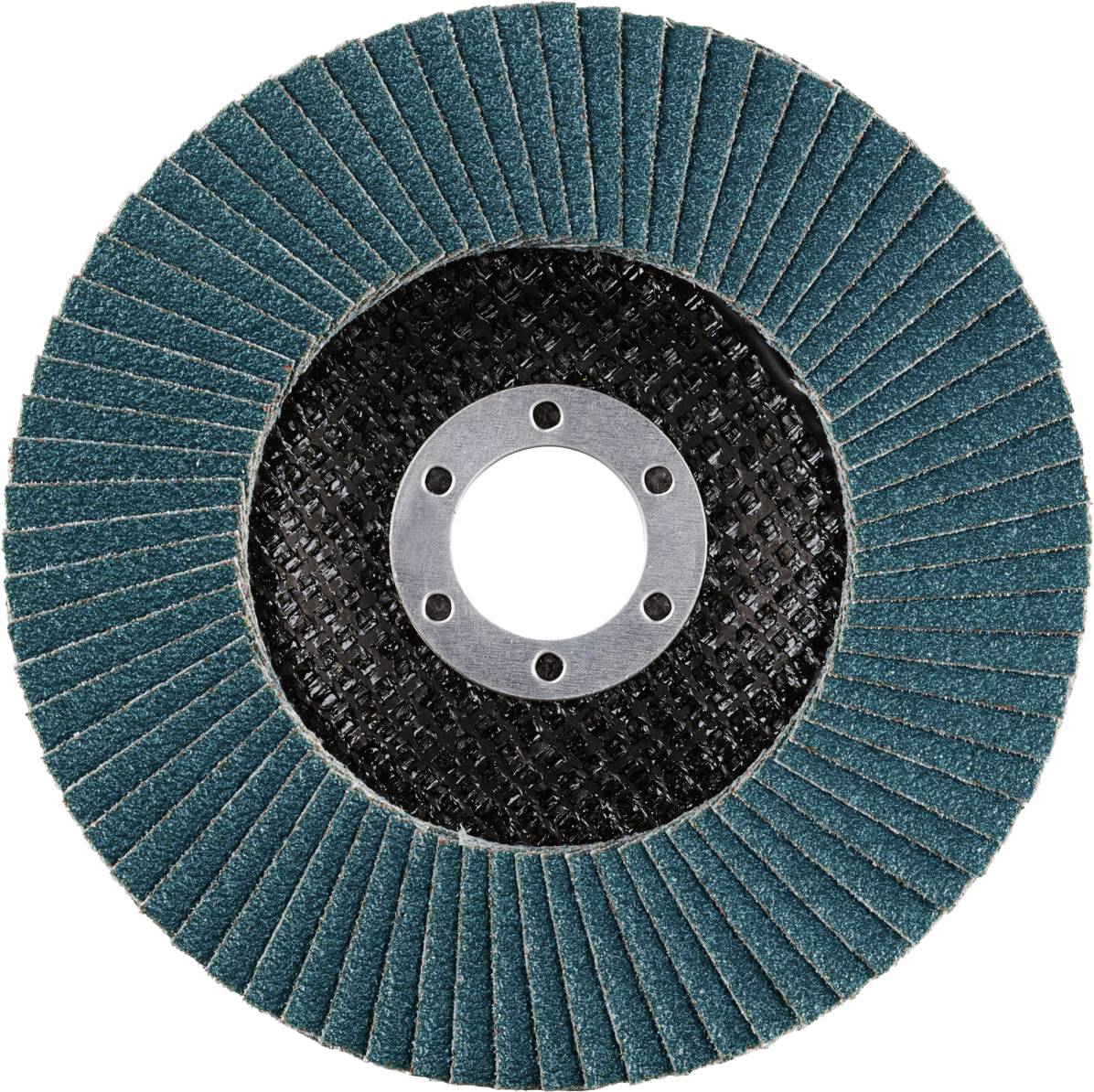 Ein blauer Flapdisc-Schleifteller mit mehreren Schichten, zentralem Befestigungsloch und schwarzem Hintergrund, zum Schleifen von Materialien.