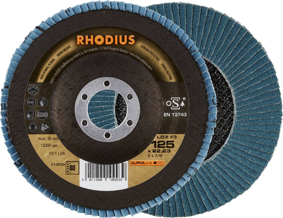 Schleifscheibe von Rhodius, Modell LQZ F3, Durchmesser 125 mm, zum Schleifen und Polieren. Verpackung zeigt technische Details und Logos.
