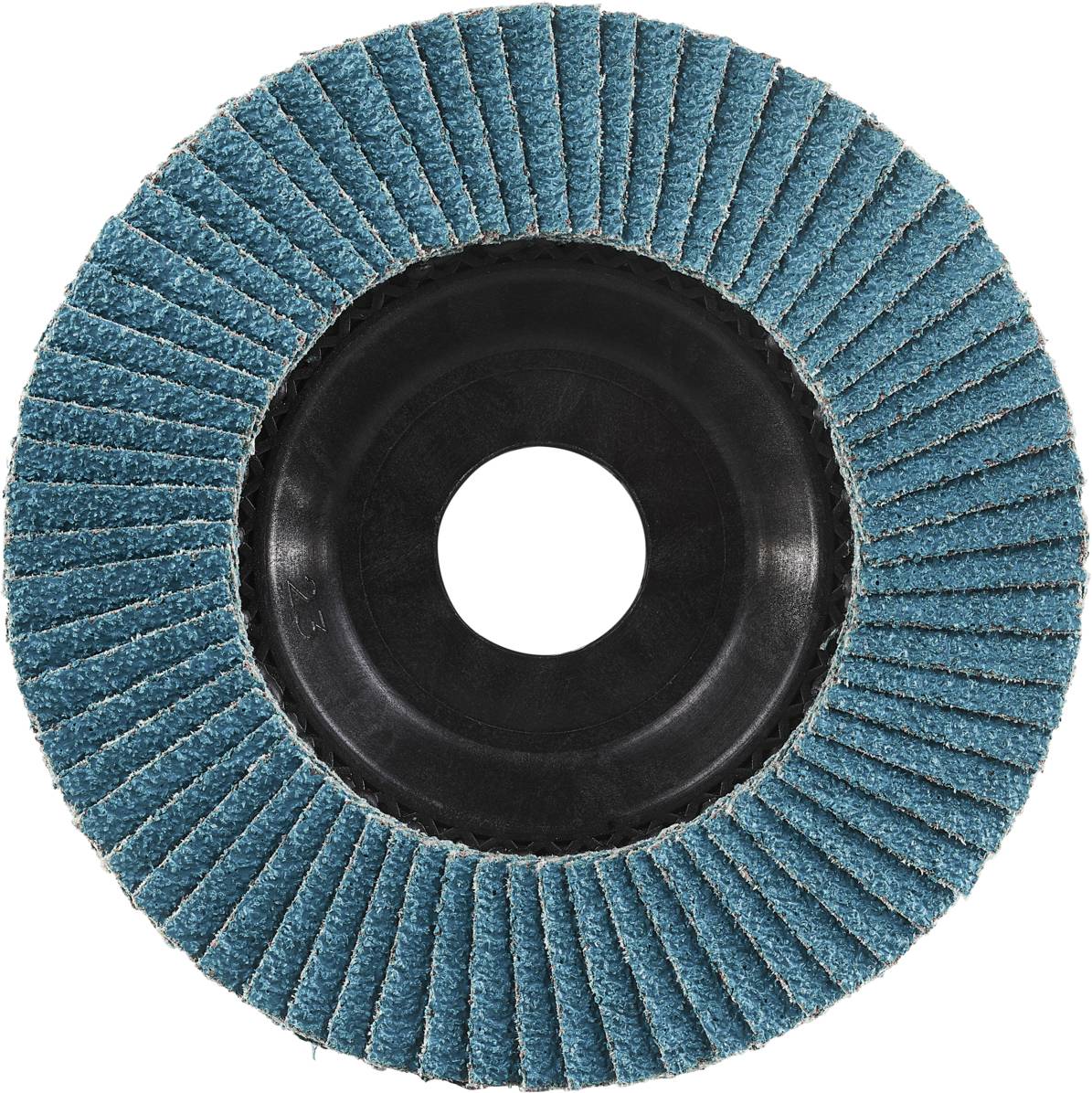 Ein runder Schleifscheibenaufsatz mit blauen Lamellen und schwarzer Mitte, verwendet für das Schleifen von Metalloberflächen.