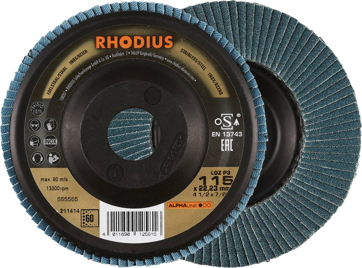 Schleifscheibe mit blauer Körnung, Markenname 'Rhodius', Details zur Größe und Geschwindigkeit aufgedruckt, geeignet für Metall.