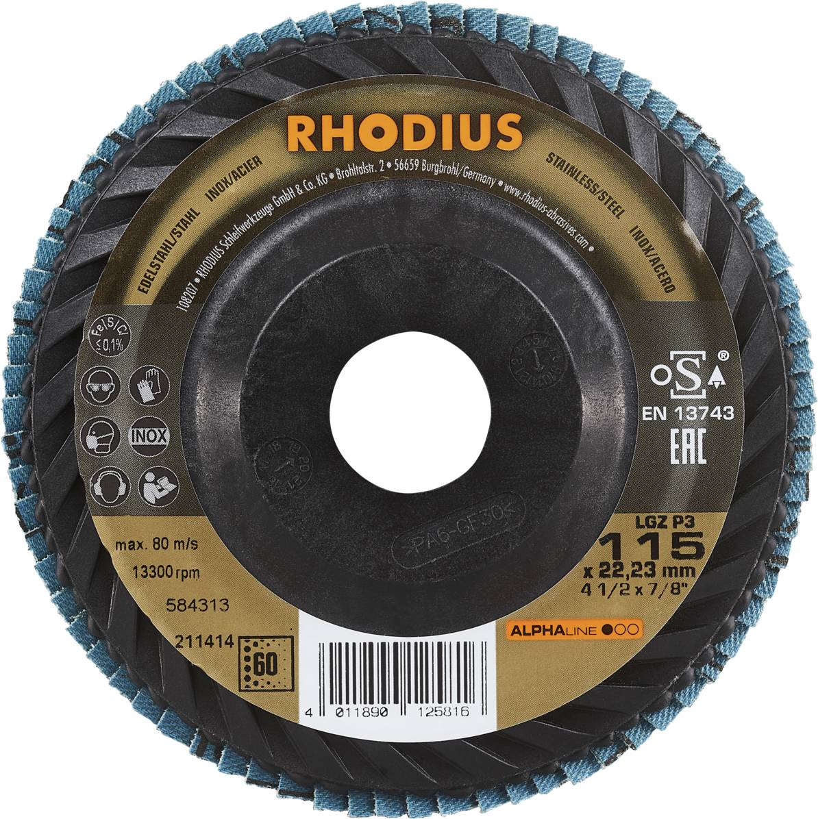 Schleifscheibe mit braunem Etikett. Markierung 'RHODIUS', Durchmesser 115 mm, max. 80 m/s und 13300 U/min. Geeignet für Stahl.