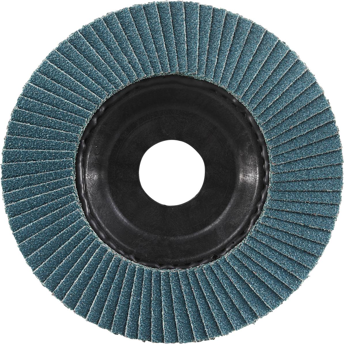 Runde Schleifscheibe mit radial angeordneten Schleiflamellen, bläulich-grüne Farbe, schwarzes Kunststoffzentrum, von oben betrachtet.