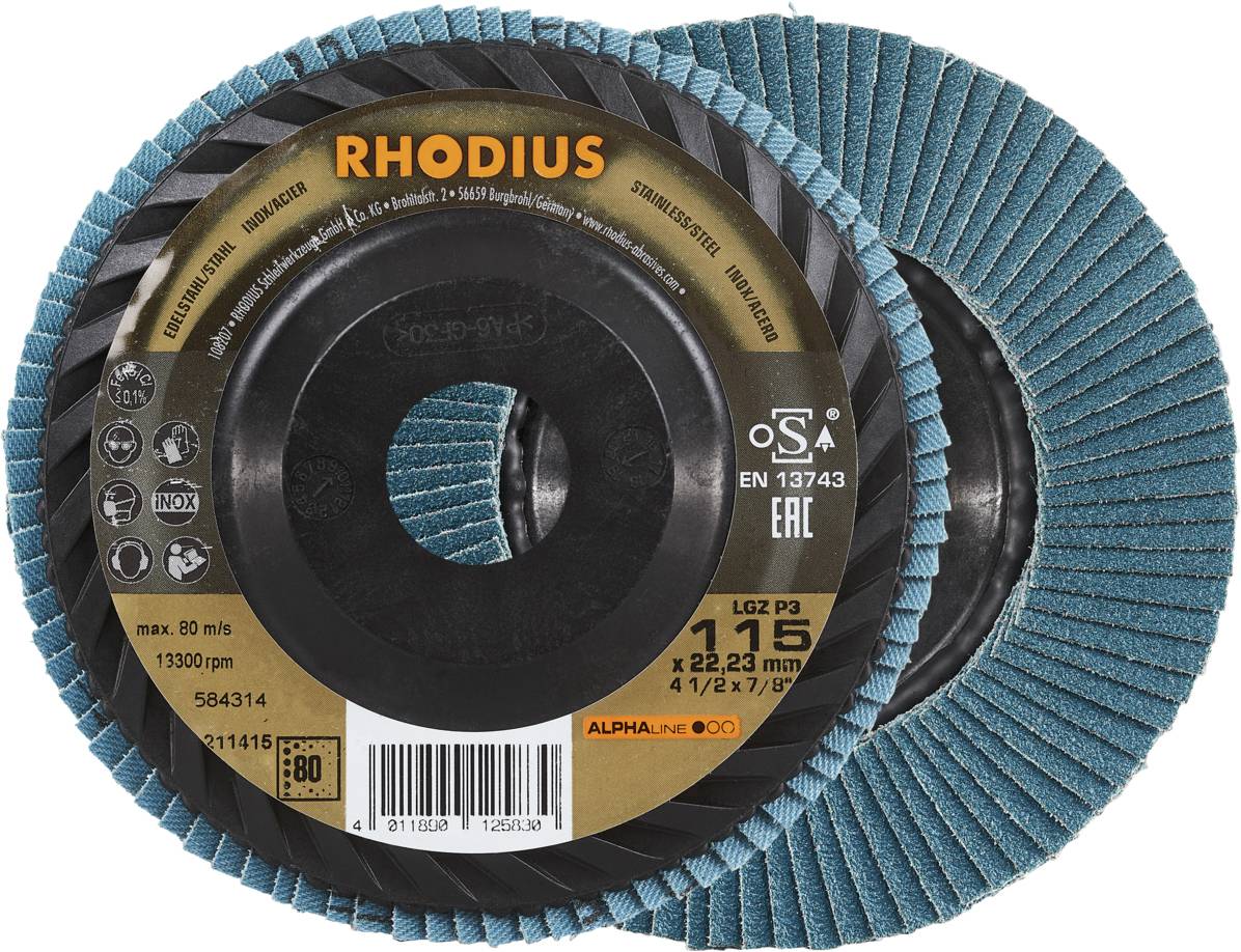 Schleifscheiben mit blauem Schmirbel und schwarzem Mittelteil. Produktname 'RHODIUS' in Orange aufgedruckt. 80er Körnung.