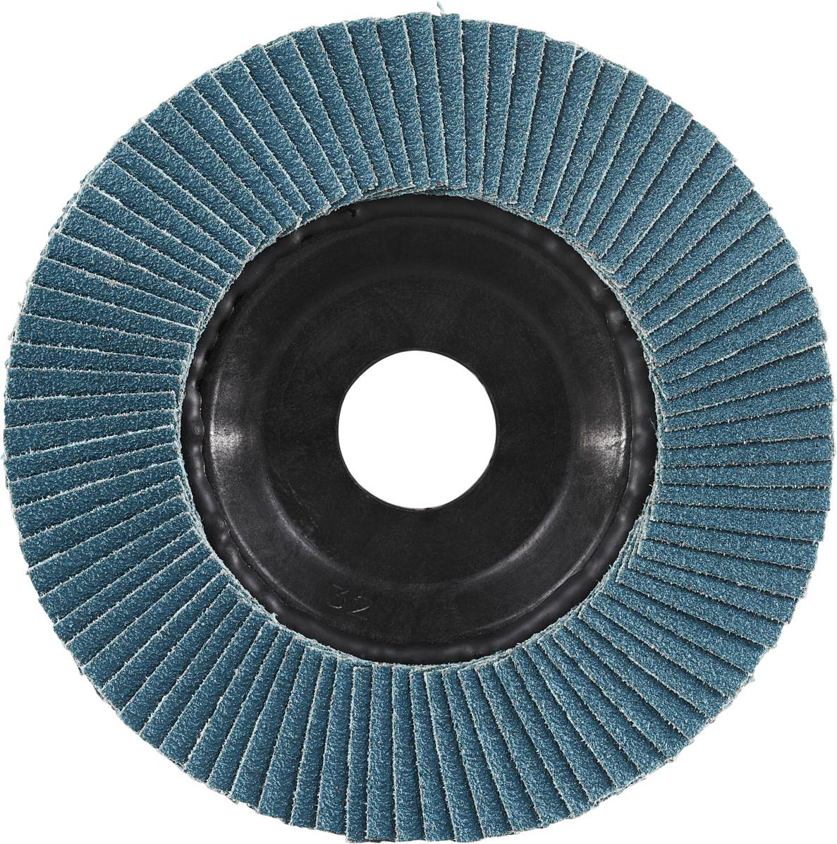 Eine Schleifscheibe mit blaugrünen Lamellen auf schwarzem Trägerrad, typisches Werkzeug für Materialbearbeitung und Oberflächenveredelung.