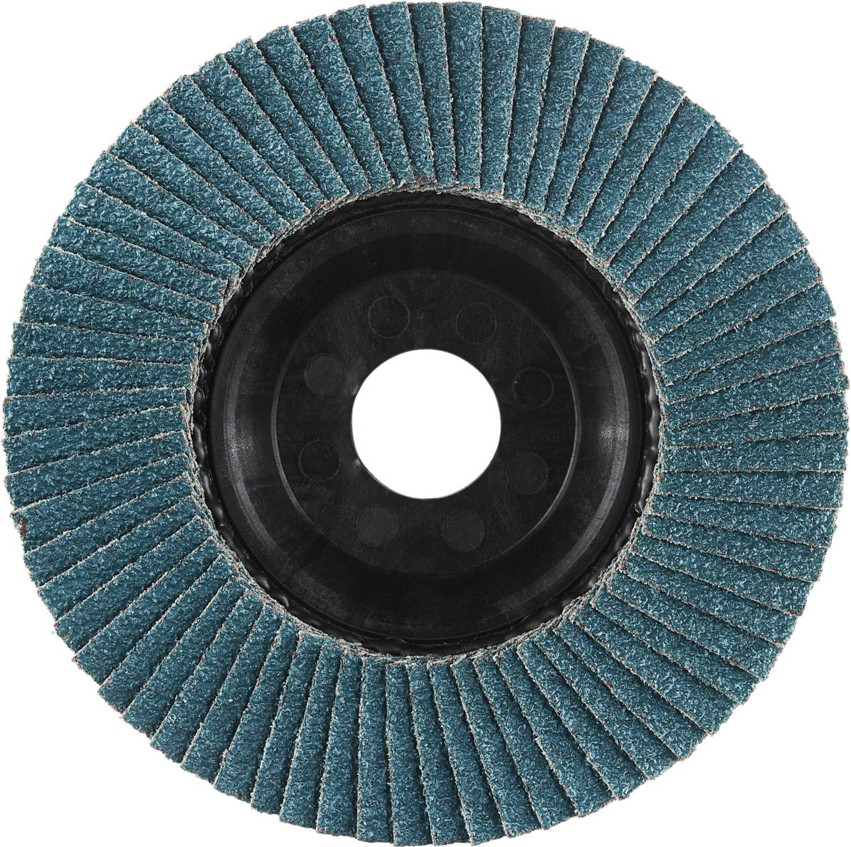 Schleifscheibe mit Lamellen aus Schleifpapier im Kreis um ein zentrales Loch. Verwendet für das Schleifen von Metall oder Holz.