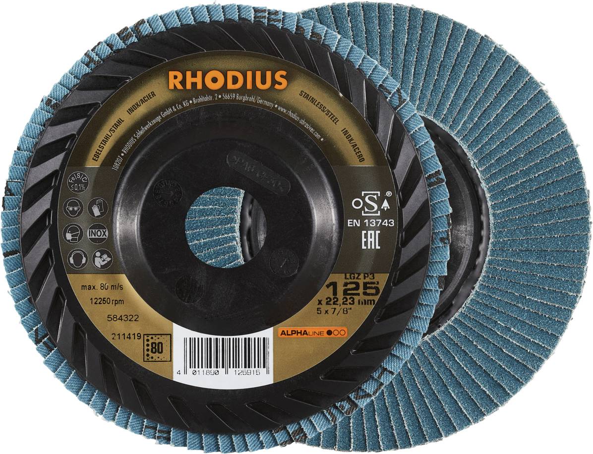 Zwei Lamellenschleifscheiben von 'Rhodius', eine zeigt die Verpackungsseite, die andere die Schleifoberfläche.