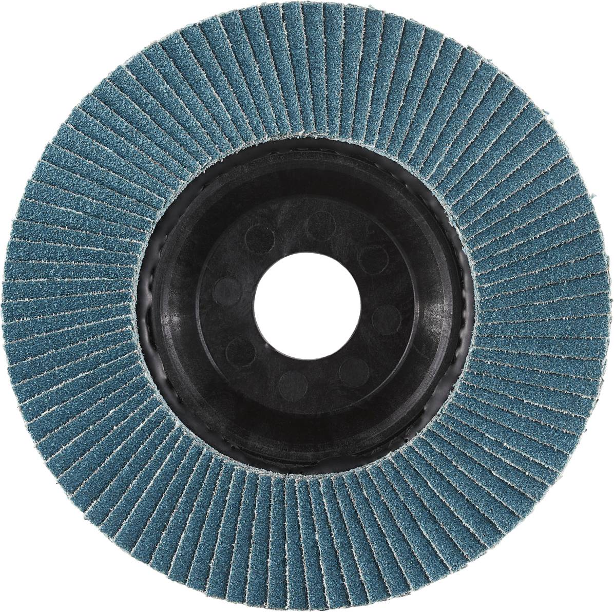 Runde Schleifscheibe mit blauen Schleiflamellen für Metallbearbeitung, zentralem Loch für Werkzeugbefestigung.