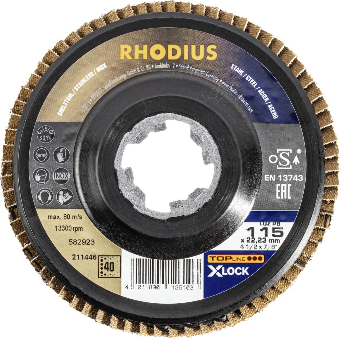 Rhodius 211446 LGZ PB X-LOCK Fächerschleifscheibe Edelstahl, Stahl 10St.