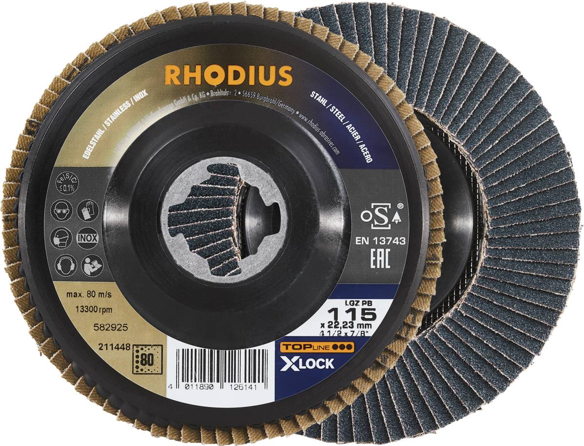 'RHODIUS' Schleifscheiben mit X-Lock-System, 115mm Durchmesser, 80 Körnung, für Edelstahl geeignet. Maximale Drehzahl: 13.300 U/min.