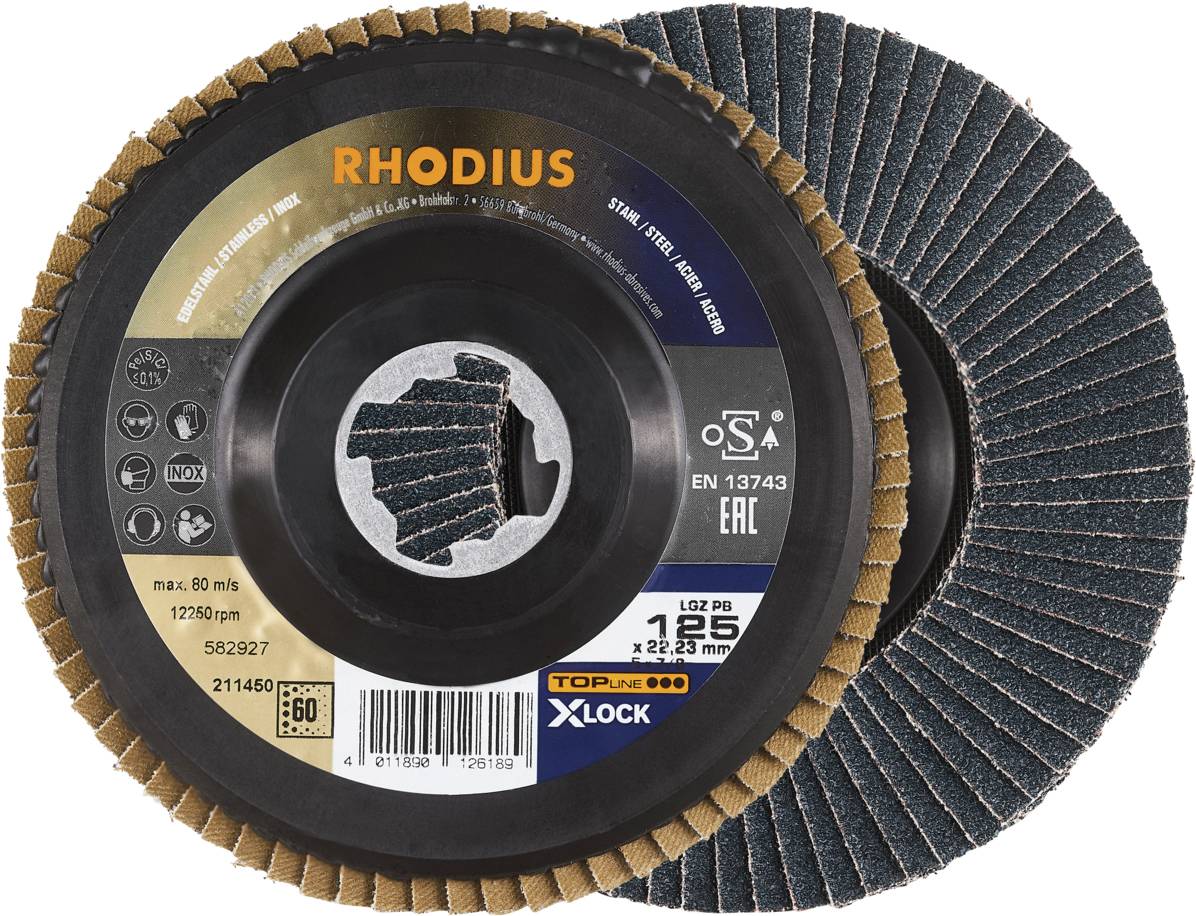 'RHODIUS' Schleifscheiben, rund, mit Sandpapierflügeln. Produktinformationen und Sicherheitskennzeichnungen auf der Scheibe.