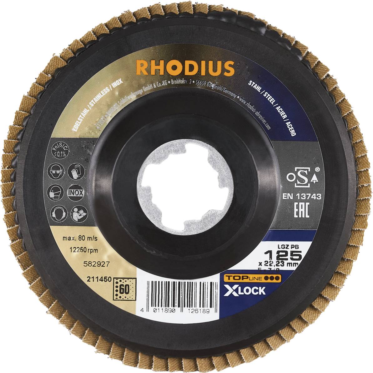 Schleifscheibe mit Marke 'RHODIUS', geeignet für Stahl. Max. Umdrehungen: 12.250/min, Durchmesser: 125 mm, hergestellt gemäß EN 13743.