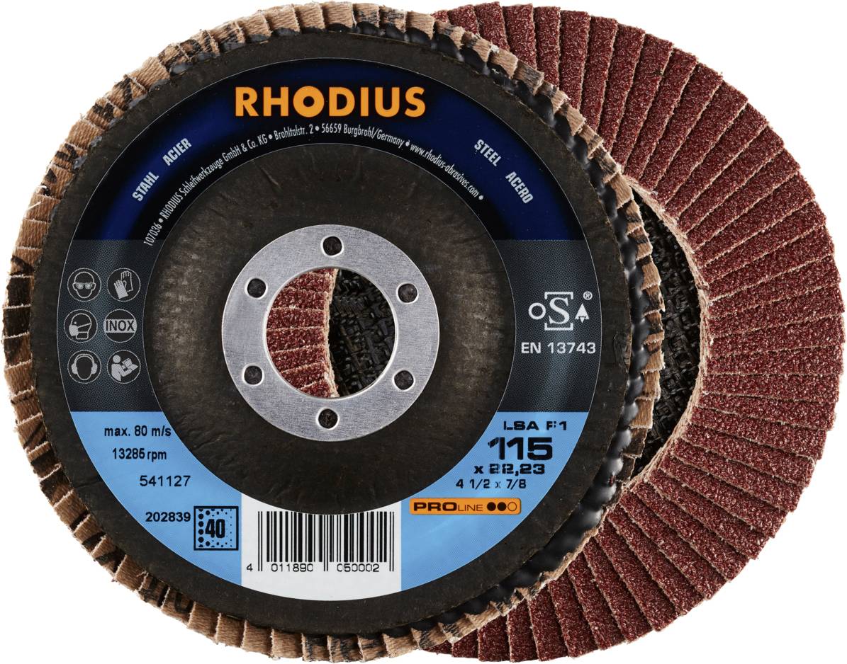 'RHODIUS' Schleifscheibe, 115 x 22,23 mm. Geeignet für Stahl und Inox. Etikett zeigt Produktkennzeichnung und Anwendungshinweise.