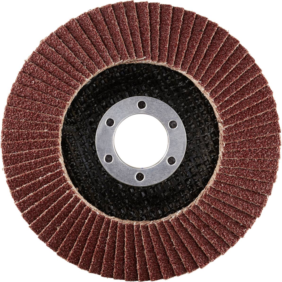 Eine Schleifscheibe mit rotem Schleifpapier, rund, zentrale Metallaufnahme. Sie wird zum Glätten oder Entfernen von Material genutzt.