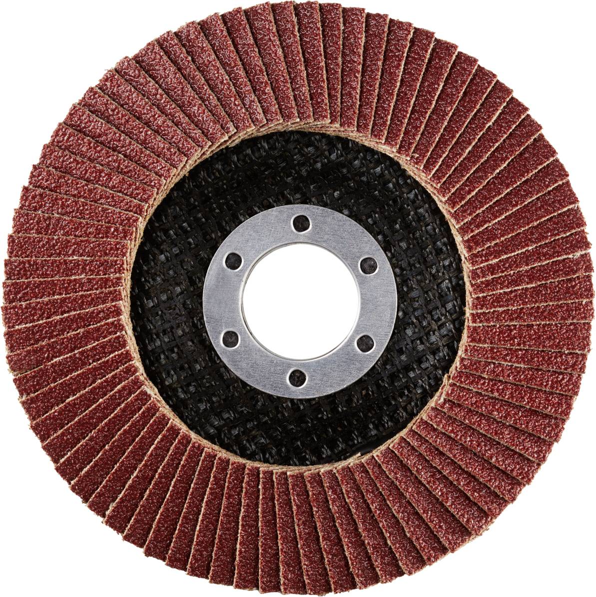 Runder Schleifklappenaufsatz mit roten Schleiflamellen und schwarzem Mittelloch, verwendet für glatte Oberflächenbearbeitung.