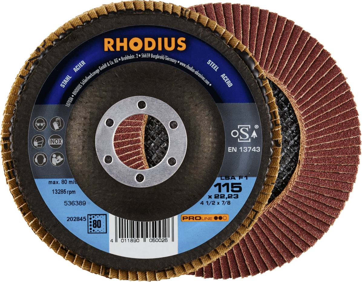 Schleifscheibe von Rhodius, geeignet für Stahl und Edelstahl, mit einer Größe von 115 mm und maximal 13.285 U/min.