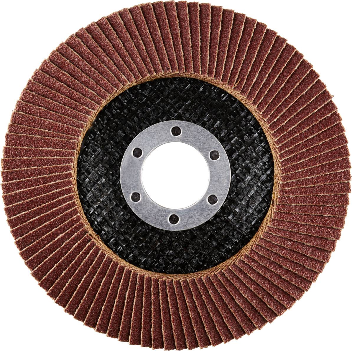 Schleifscheibe mit radial angeordneten lamellenförmigen Schleifblättern, zentraler Metallhalterung und grober Struktur.