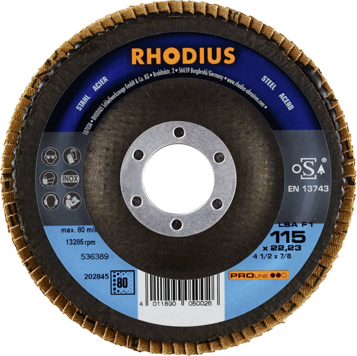 'RHODIUS' Schleifscheibe, rund, mit Bohrung in der Mitte. Verwendungszweck: Metallbearbeitung. Enthält Sicherheits- und Normkennzeichnungen.