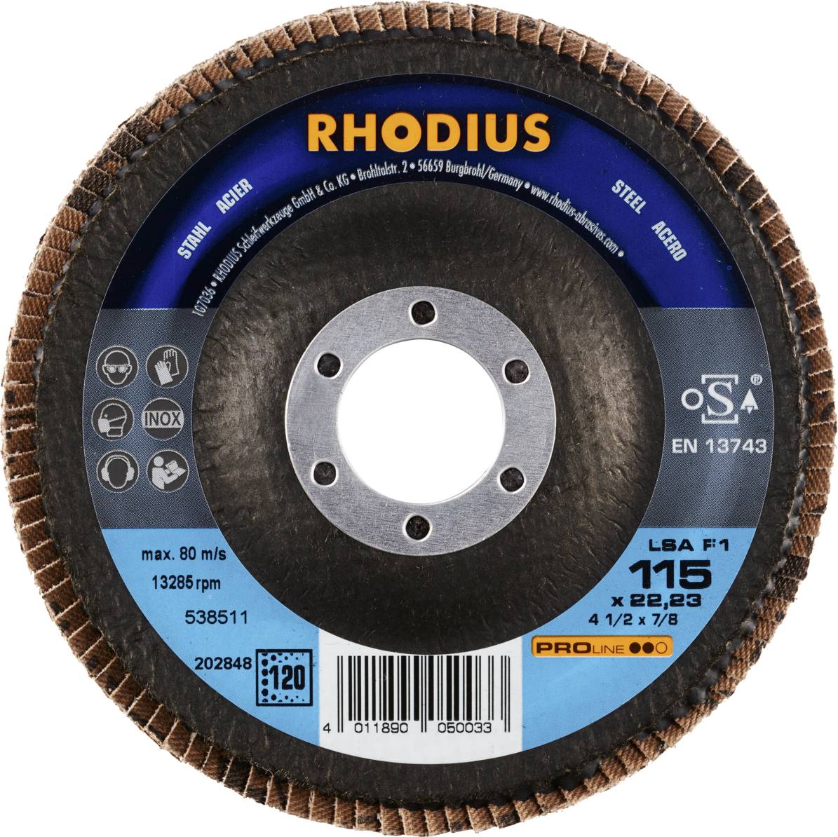 Schleifscheibe Rhodius LSA F1, 115 x 22,23 mm, geeignet für Stahl und Inox, maximal 80 m/s, 13.285 U/min, Pro Line Serie.