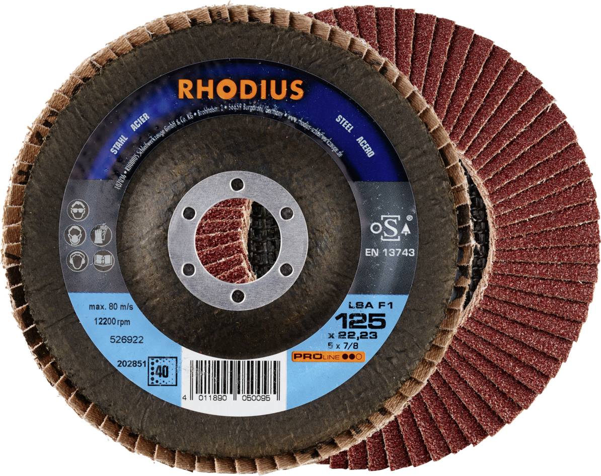 Zwei Schleifscheiben mit braun-roten Lamellen, eine mit sichtbarem Etikett: Marke RHODIUS, Geschwindigkeit 12200 rpm, Typ LSA F1.