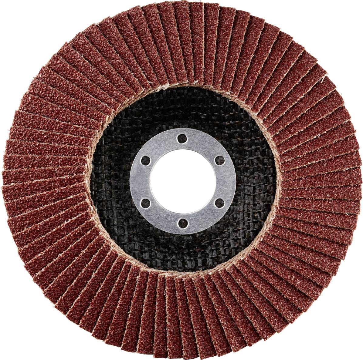 Schleifscheibe aus roten Lamellen mit kreisförmiger Metallmitte, verwendet für das Glätten von Oberflächen in handwerklichen Arbeiten.