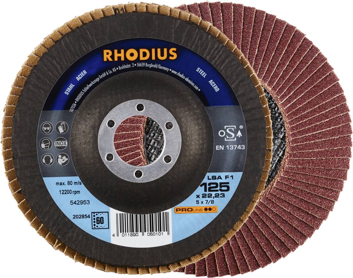 'Rhodius' Schleifscheibe, Fächerscheibe für Metall, max. 12.200 U/min, 125 x 22,23 mm, für Winkelschleifer, LBA F1 Modell.