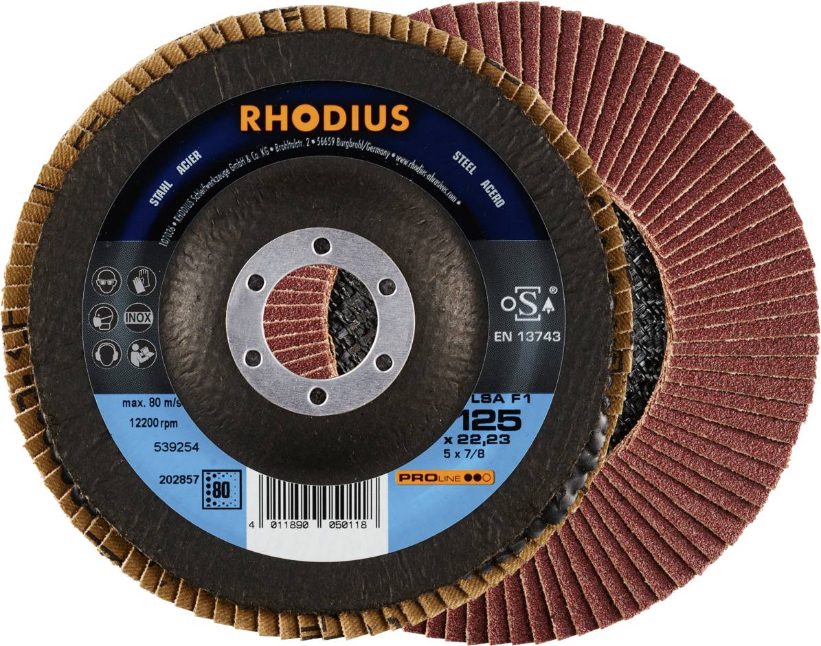 'RHODIUS' Schleifscheiben aus Metall, Stahl und Inox, max. 80 m/s, 12200 U/min, 125 mm Durchmesser.