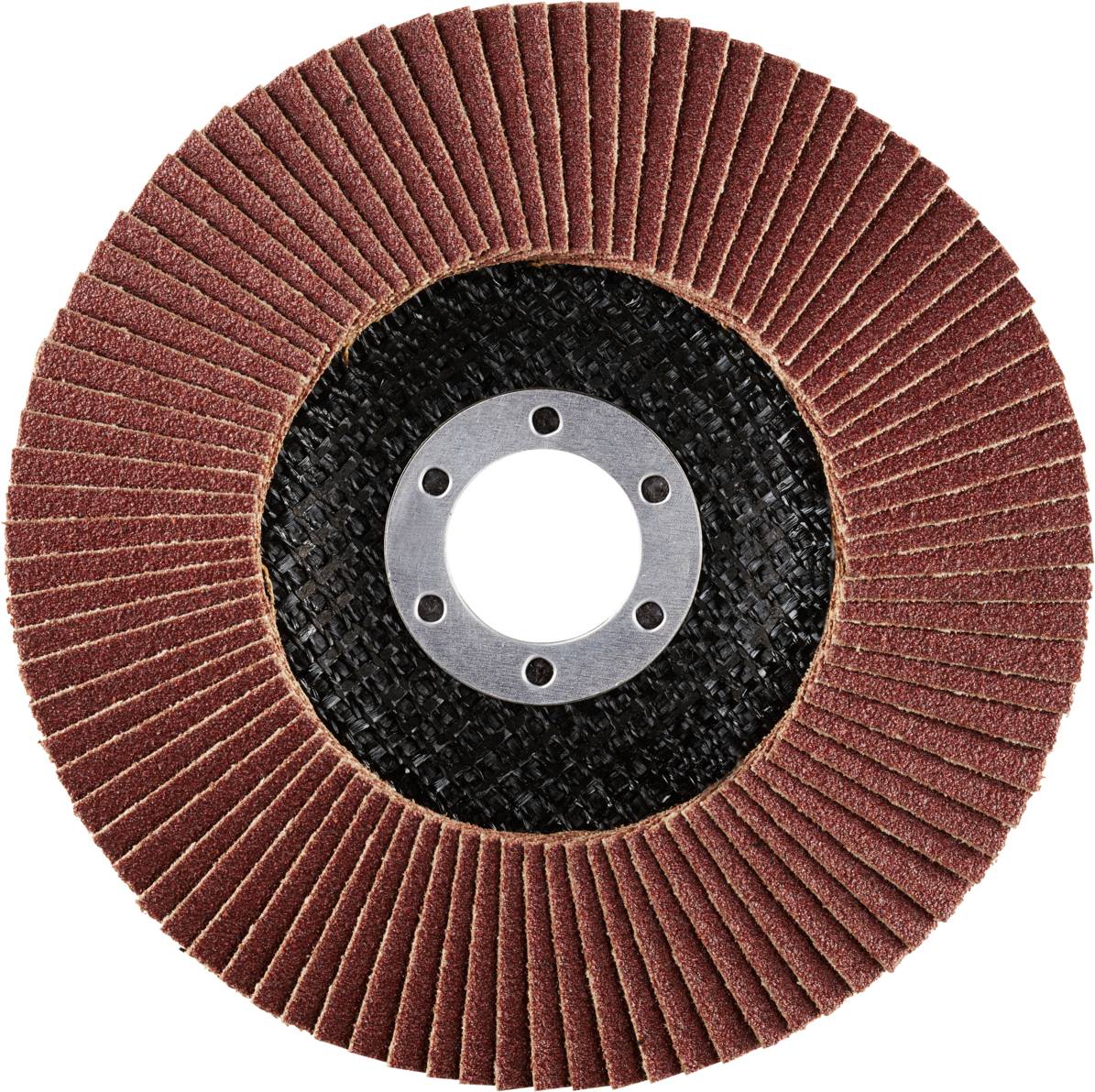 Eine runde Schleifscheibe mit vielen überlappenden Schichten aus Schleifpapier, die um ein zentrales Loch mit Metalleinsatz angeordnet sind.