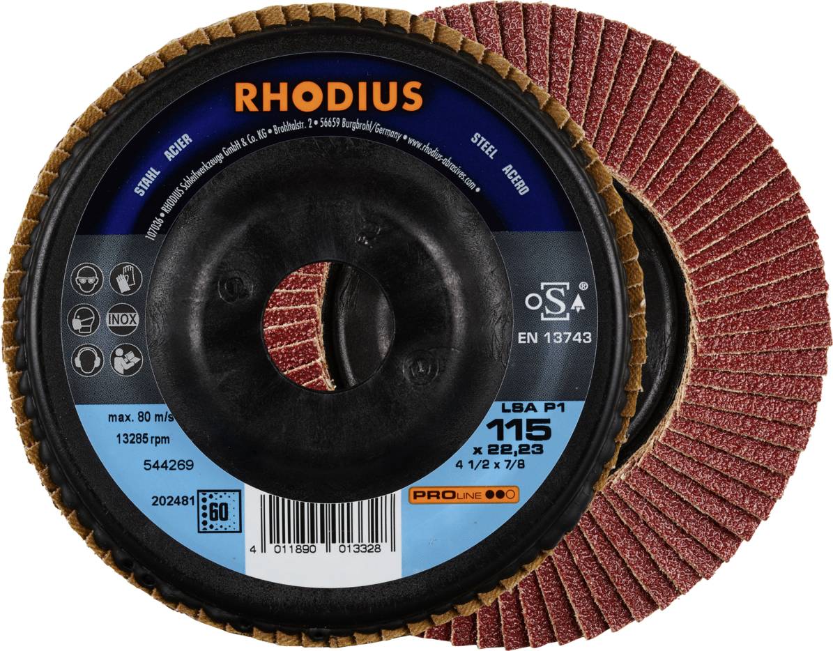 'RHODIUS' Schleifscheibe aus rotem Schleifpapier, rund, mit schwarzer Mitte. Aufschrift zeigt Produktspezifikationen und Maße.