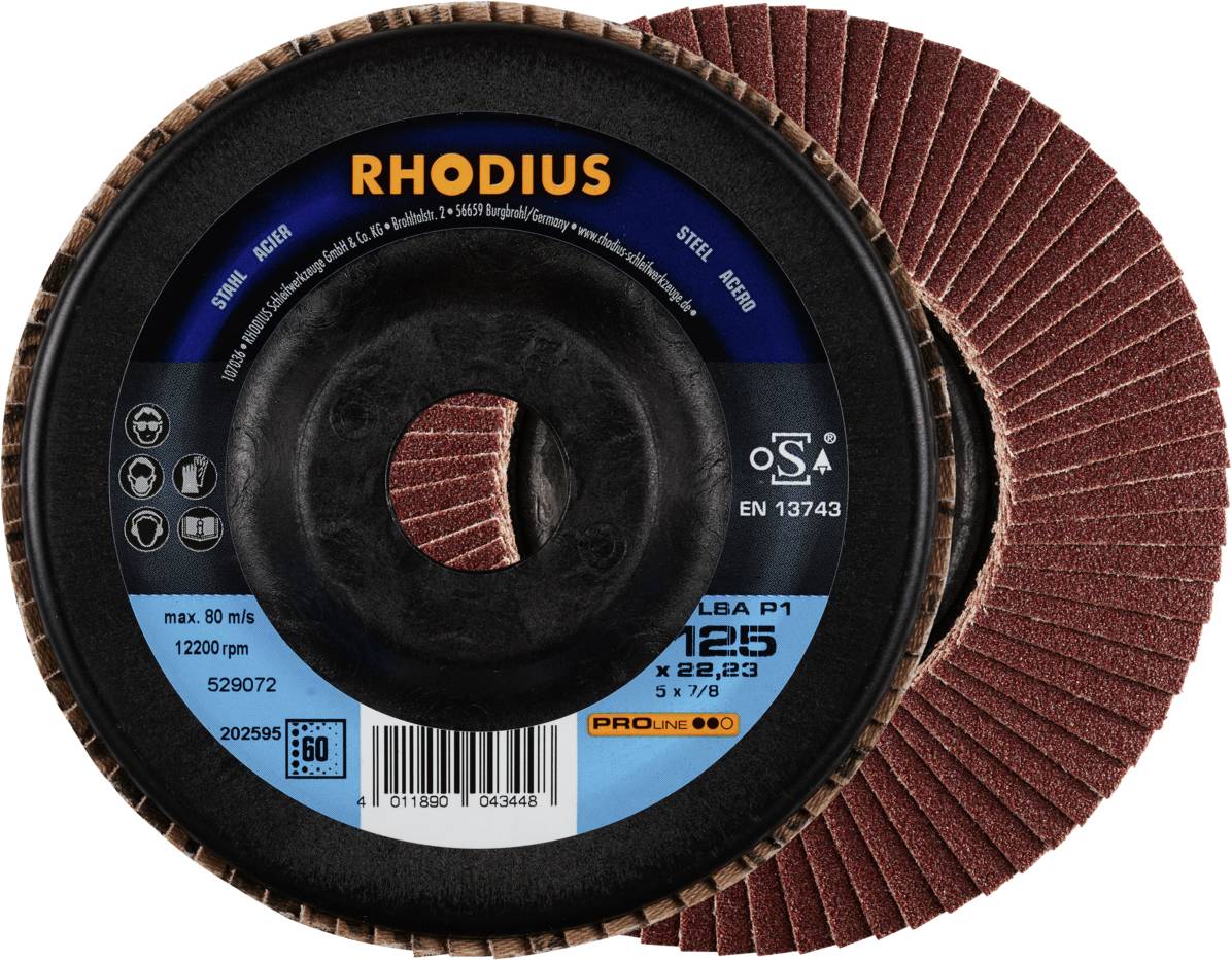 'RHODIUS' Schleifscheibe, max. 80 m/s, 12200 U/min, P120, Stahl, Ø 125 mm x 22,23 mm x 5 x 7/8