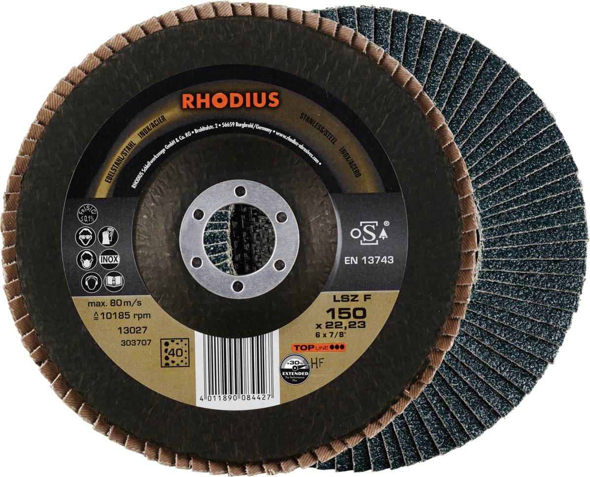 Schleifscheibe von Rhodius, Modell LSZ F 150x22,23 mm, mit grobkörniger Oberfläche. Maximale Umdrehungen: 11.015 U/min.