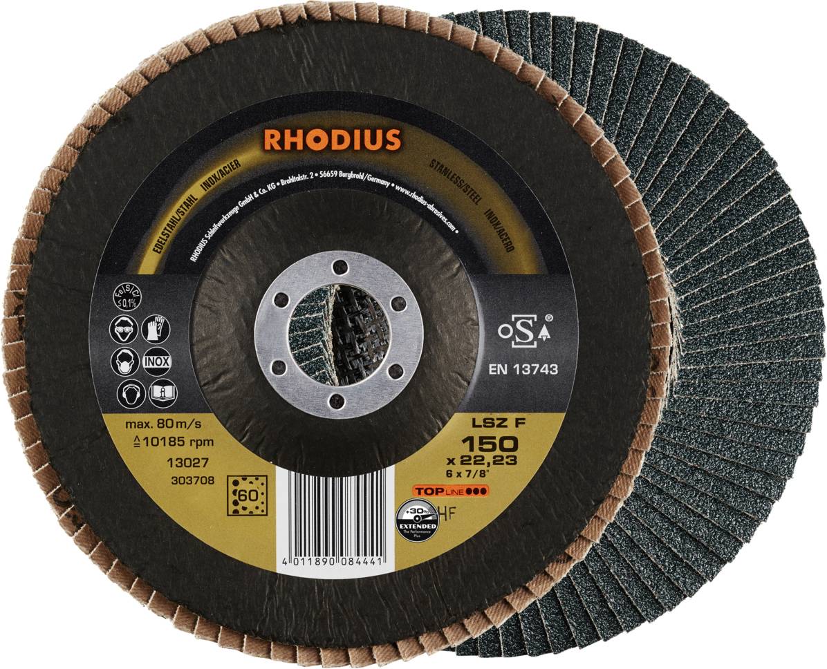 'RHODIUS' Lamellenschleifscheibe LSZ F, Durchmesser 150 mm, multifunktional, max. 80 m/s. Geeignet für verschiedene Materialien.