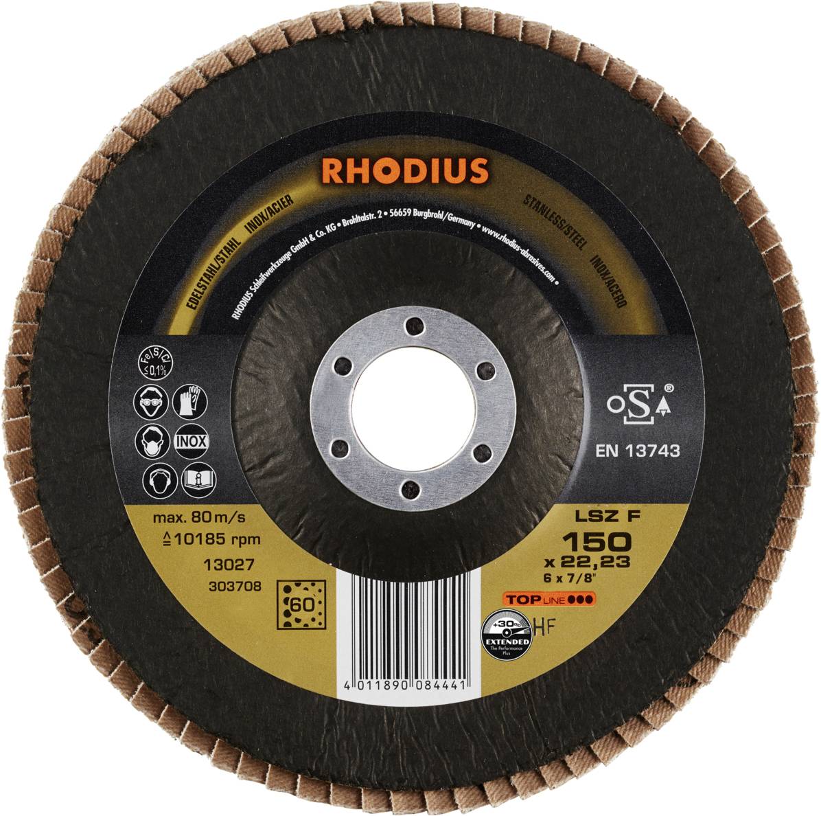 Eine Schleifscheibe der Marke RHODIUS, Modell LSZ F 150 x 22,23, max. 80 m/s. Zeigt das Zentrum und technische Daten wie Drehzahl und Materialien.