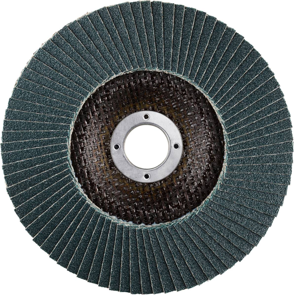 Ein runder Schleifaufsatz mit vielen radial angeordneten Schleifblättern in dunklem Grün, zentraler Befestigungsloch, Draufsicht.