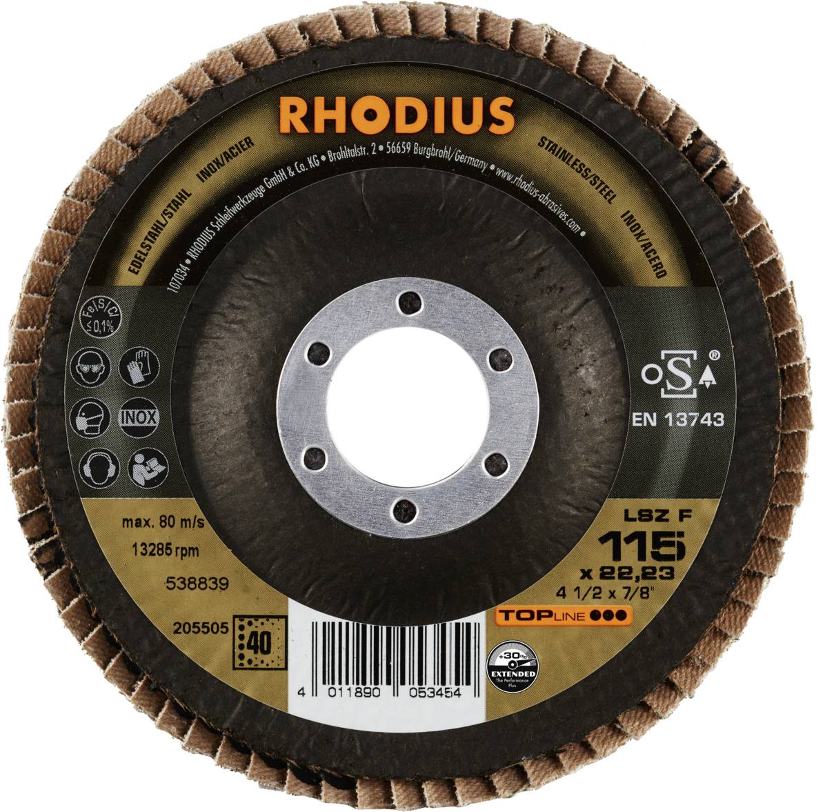 Rhodius 205505 LSZ F EXTENDED Fächerschleifscheibe Edelstahl, Stahl 10St.