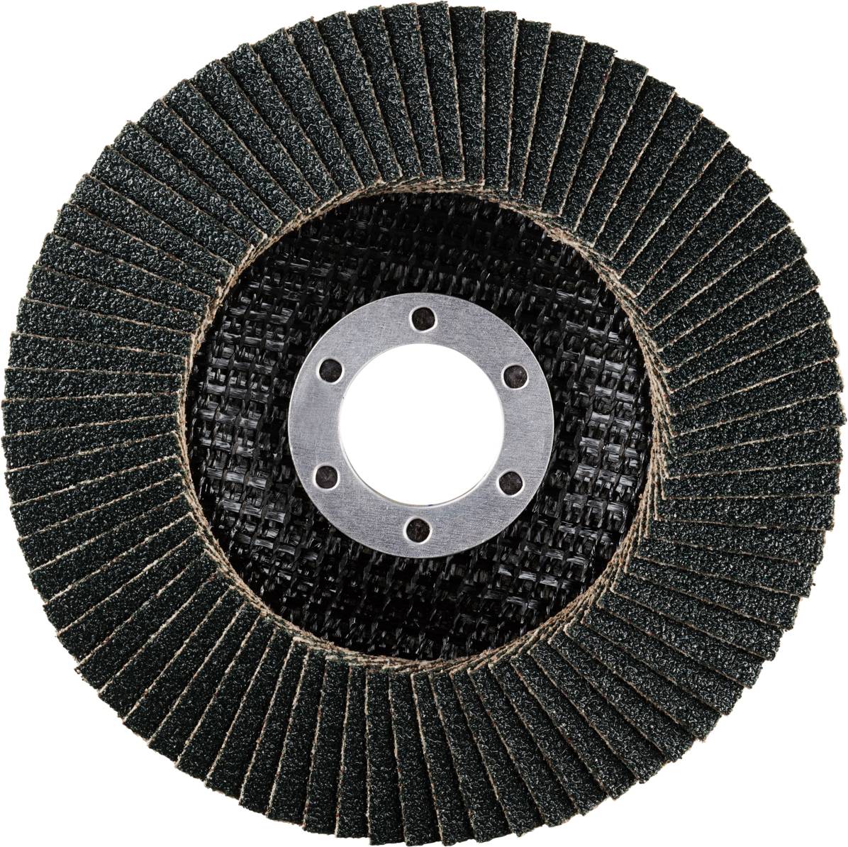 Schleifscheibe mit radial angeordneten Lamellen zur Metallbearbeitung, zentrale Öffnung für Werkzeugaufnahme.