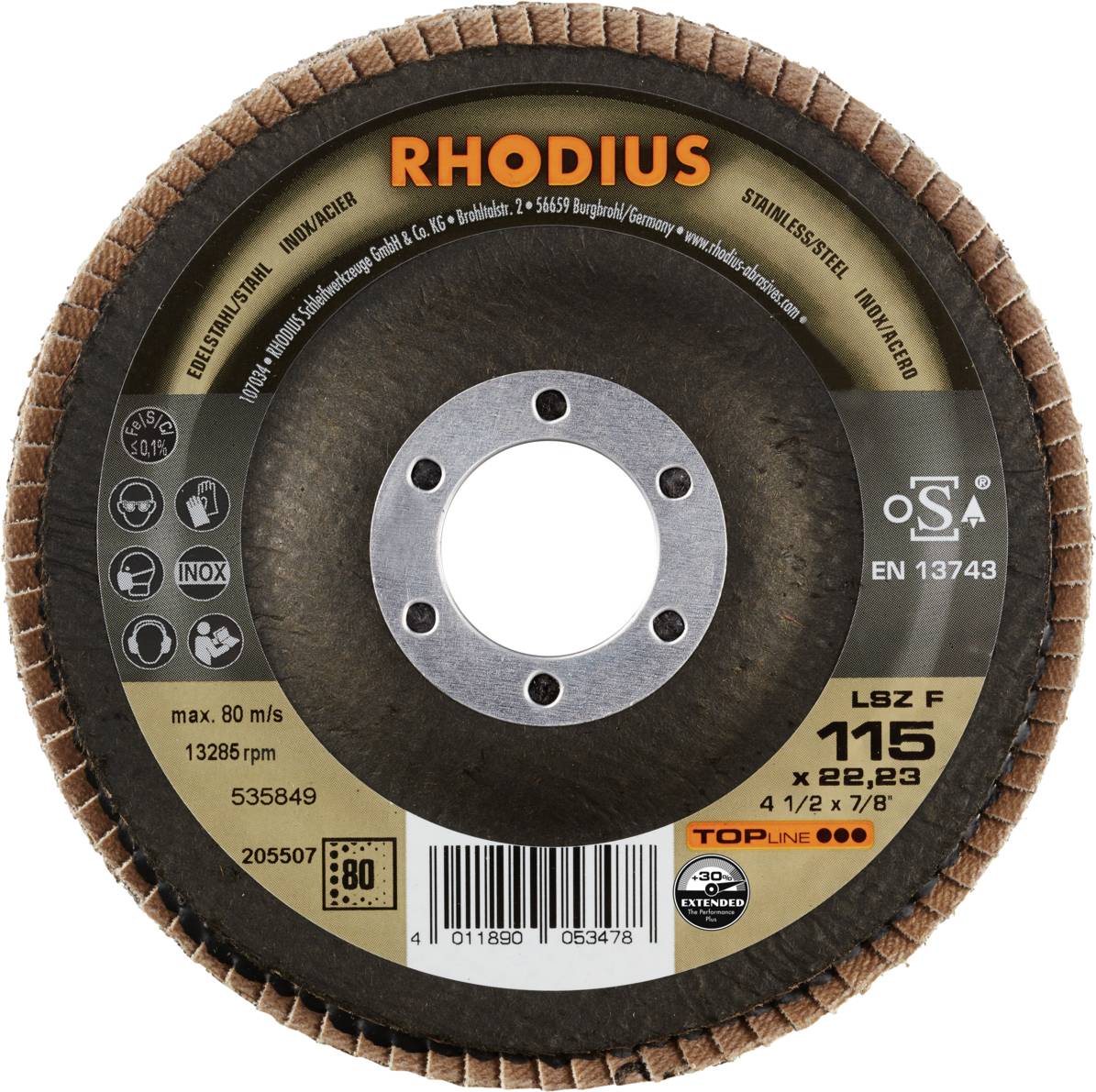 Schleifscheibe mit Marke 'Rhodius', geeignet für Stahl und Edelstahl. Maximale Drehzahl 13.286 U/min. Durchmesser: 115 mm.