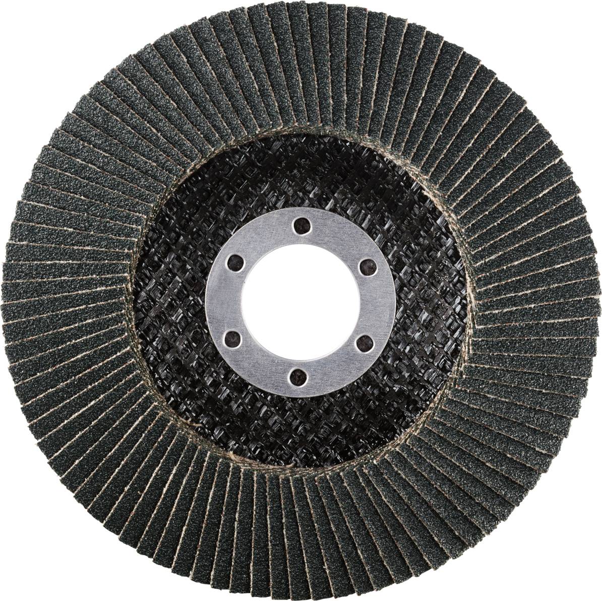 Schleifscheibe mit Lamellen aus Schleifpapier, zentralem Loch für Bohrmaschinenbefestigung, verwendet zum Glätten von Oberflächen.