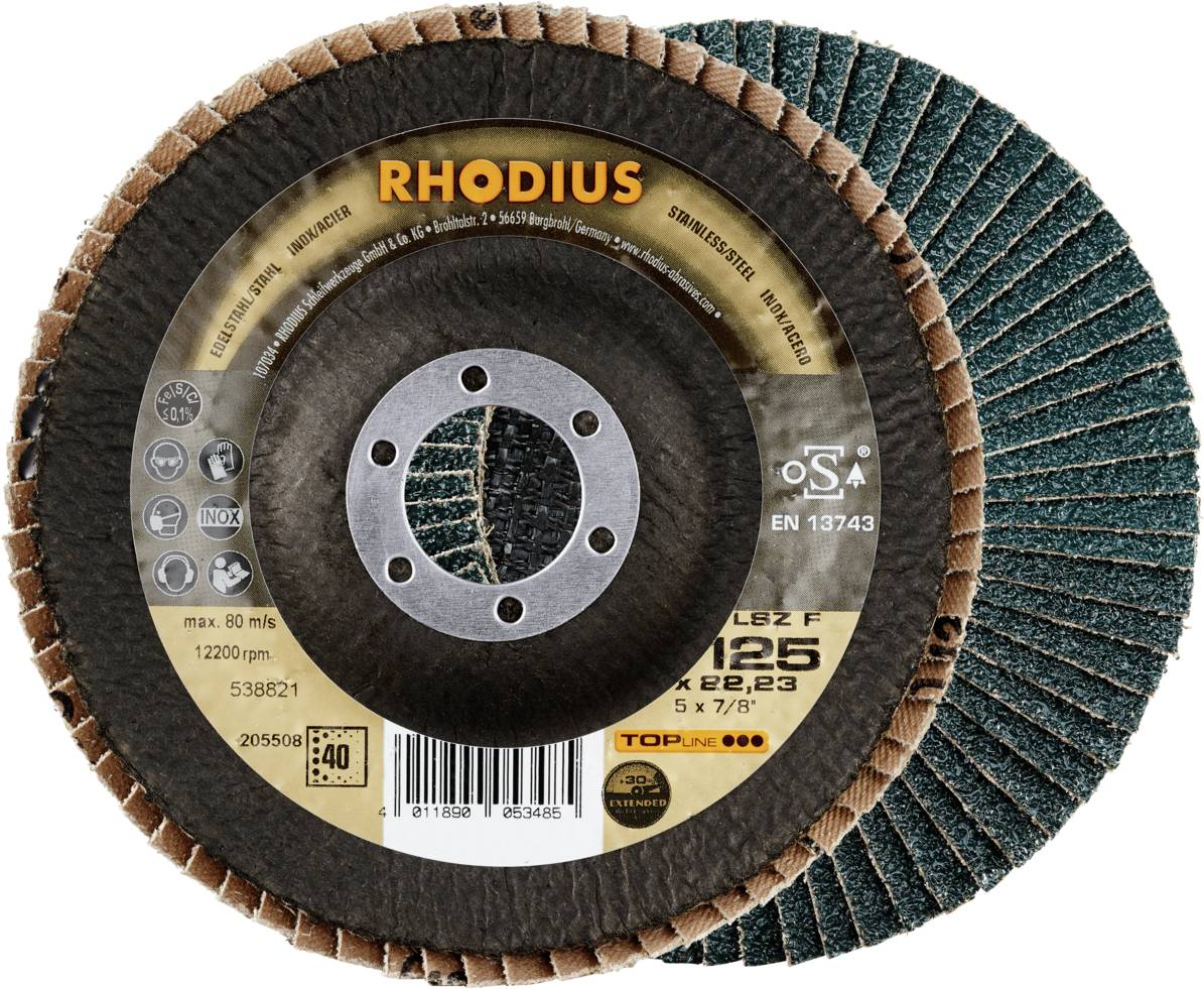 Schleifscheibe der Marke Rhodius mit der Aufschrift '125 x 22,23', geeignet für 80 m/s bei 12.200 U/min, Norm EN 13743.