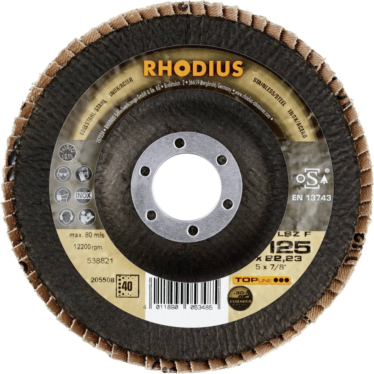 Eine Rhodius Schleifscheibe mit 125 mm Durchmesser, geeignet für 12.200 U/min, gekennzeichnet mit Sicherheitsinfos und Produktcodes.