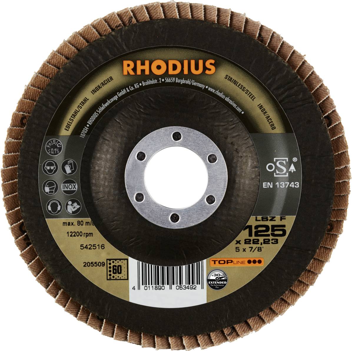 Rhodius 205509 LSZ F EXTENDED Fächerschleifscheibe Edelstahl, Stahl 10St.