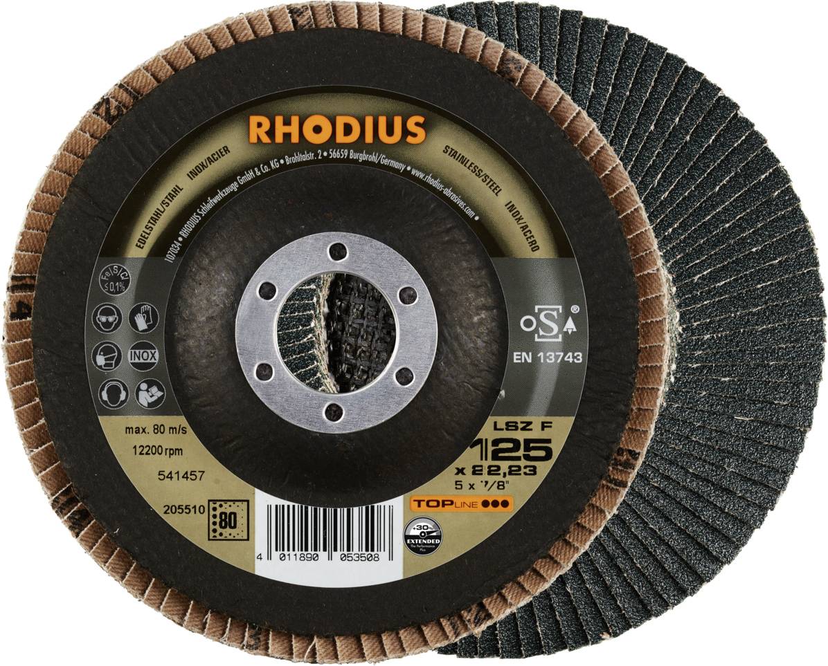 'RHODIUS' Schleifscheiben, zwei Stück übereinander. Aufdruck: max. 80 m/s, 12200 rpm. Für Metallbearbeitung geeignet.