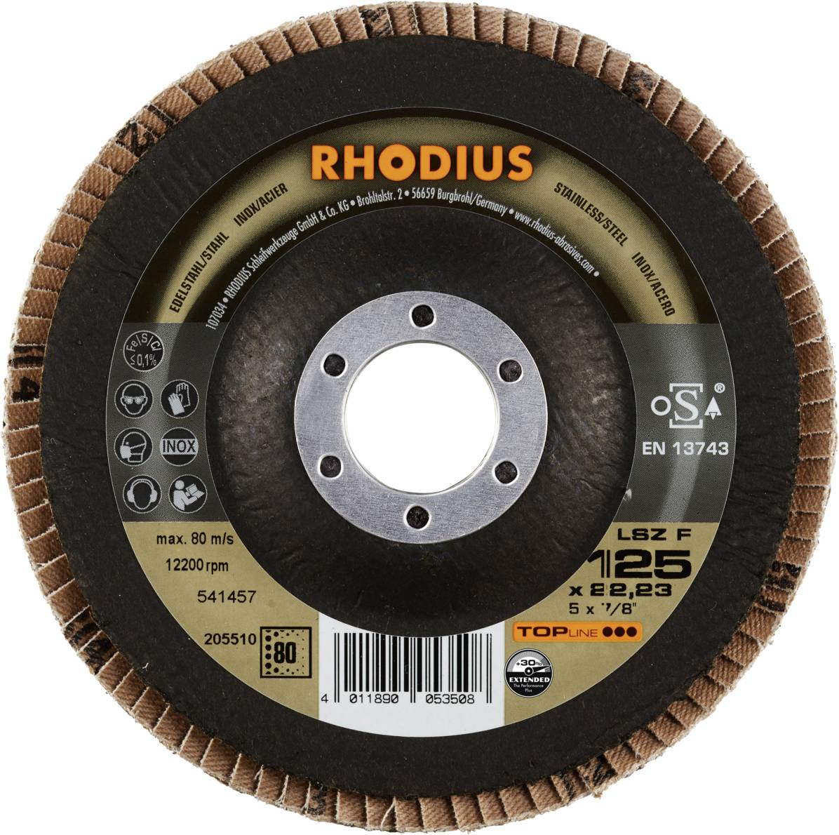 Schleifscheibe von Rhodius mit einem Durchmesser von 125 mm, maximaler Drehzahl von 12.200 U/min, Typ LSZ F.