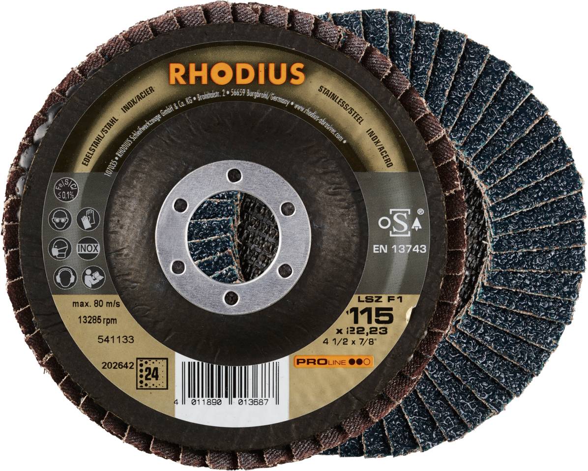 Schleifscheibe von Rhodius, Modell LSZ F1, 115 mm Durchmesser, geeignet für Stahl und Edelstahl. Zeigt max. Drehzahl von 12.250 U/min an.