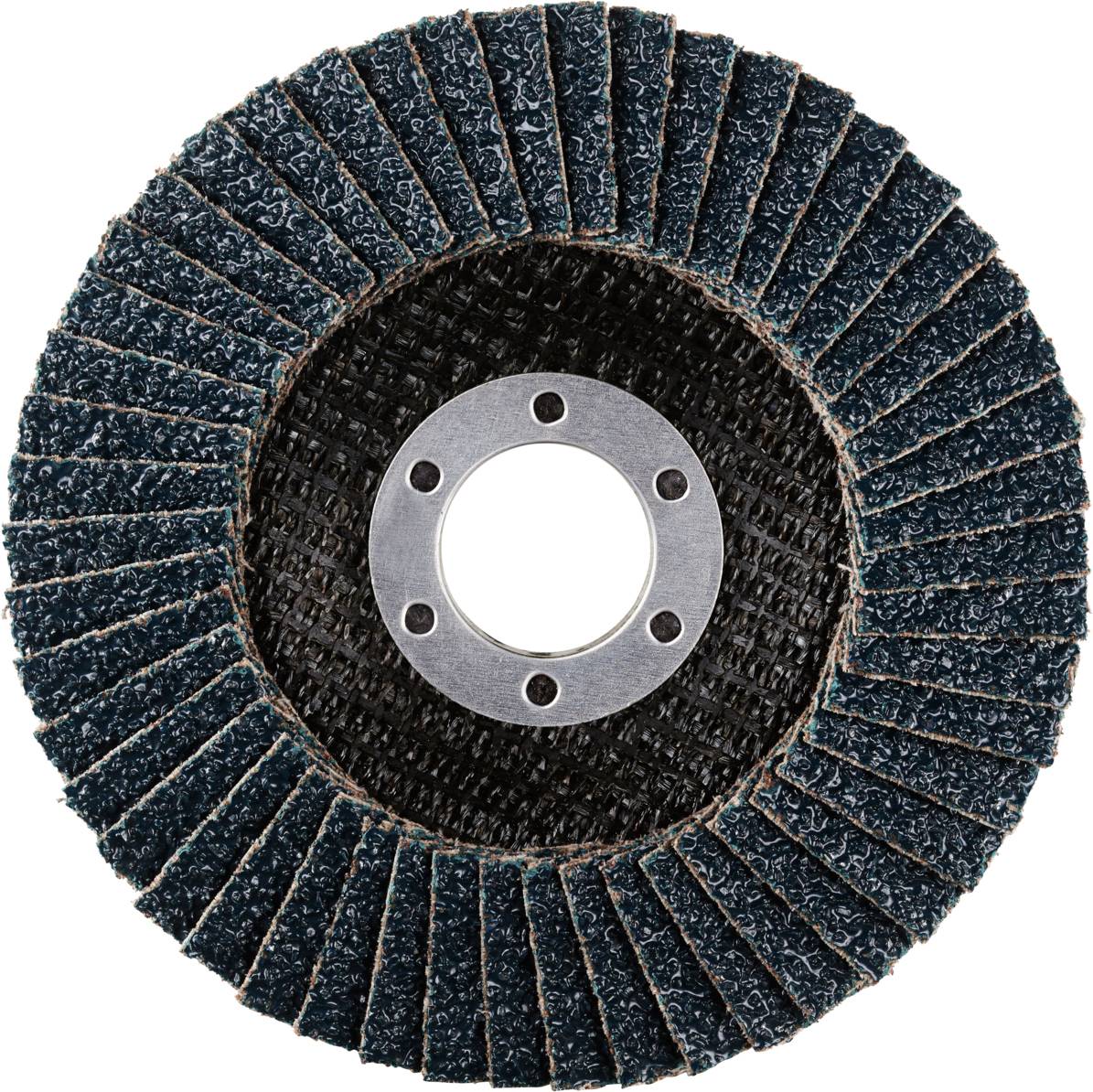 Schleifscheibe aus Schleifpapierfächern mit zentraler Metallbefestigung, verwendet zum Glätten und Polieren von Oberflächen.