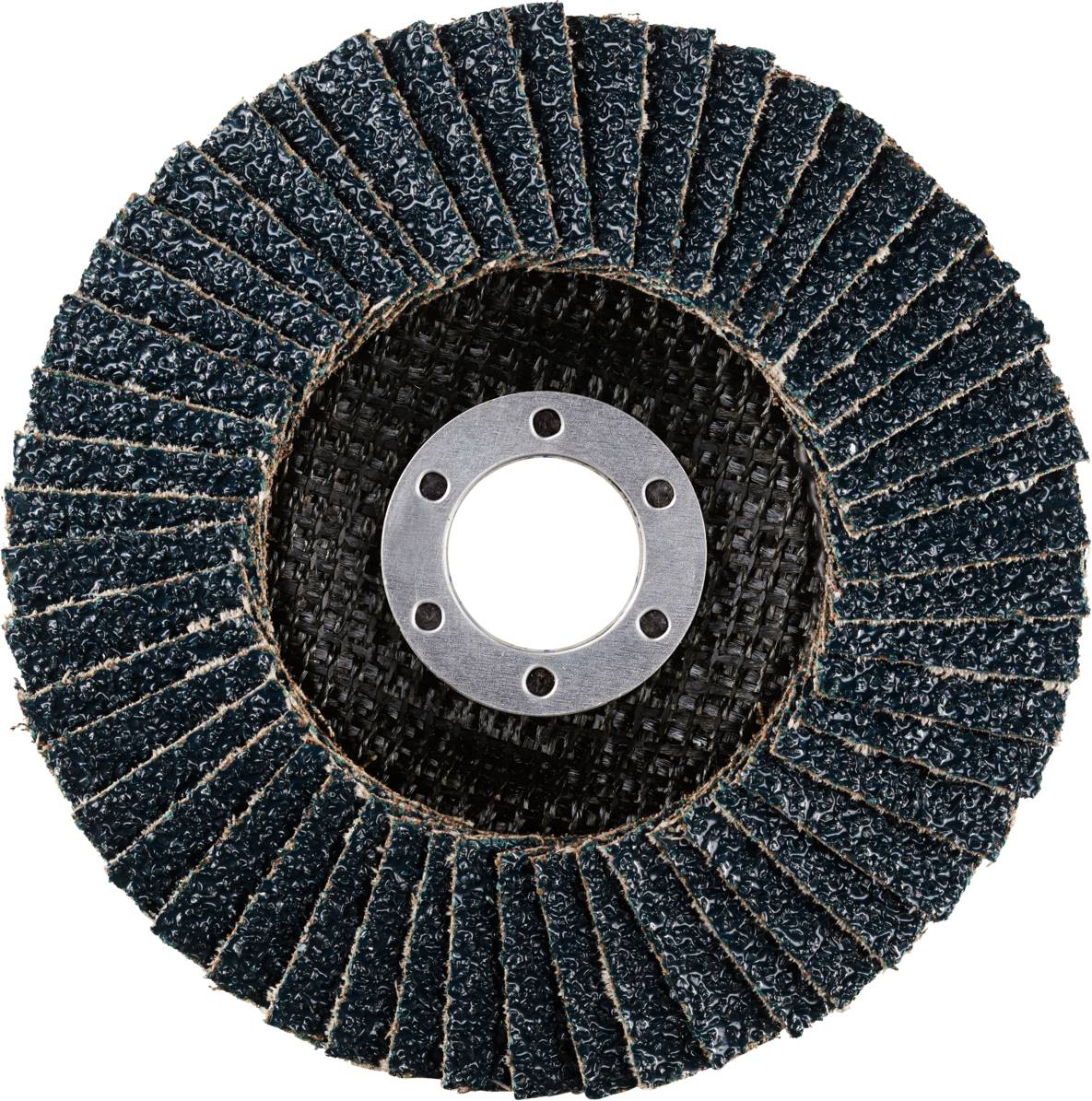 Schleifscheibe mit lamellenförmigem Aufbau, zentraler Metallhalterung und grober Textur, geeignet für das Schleifen von Materialien.