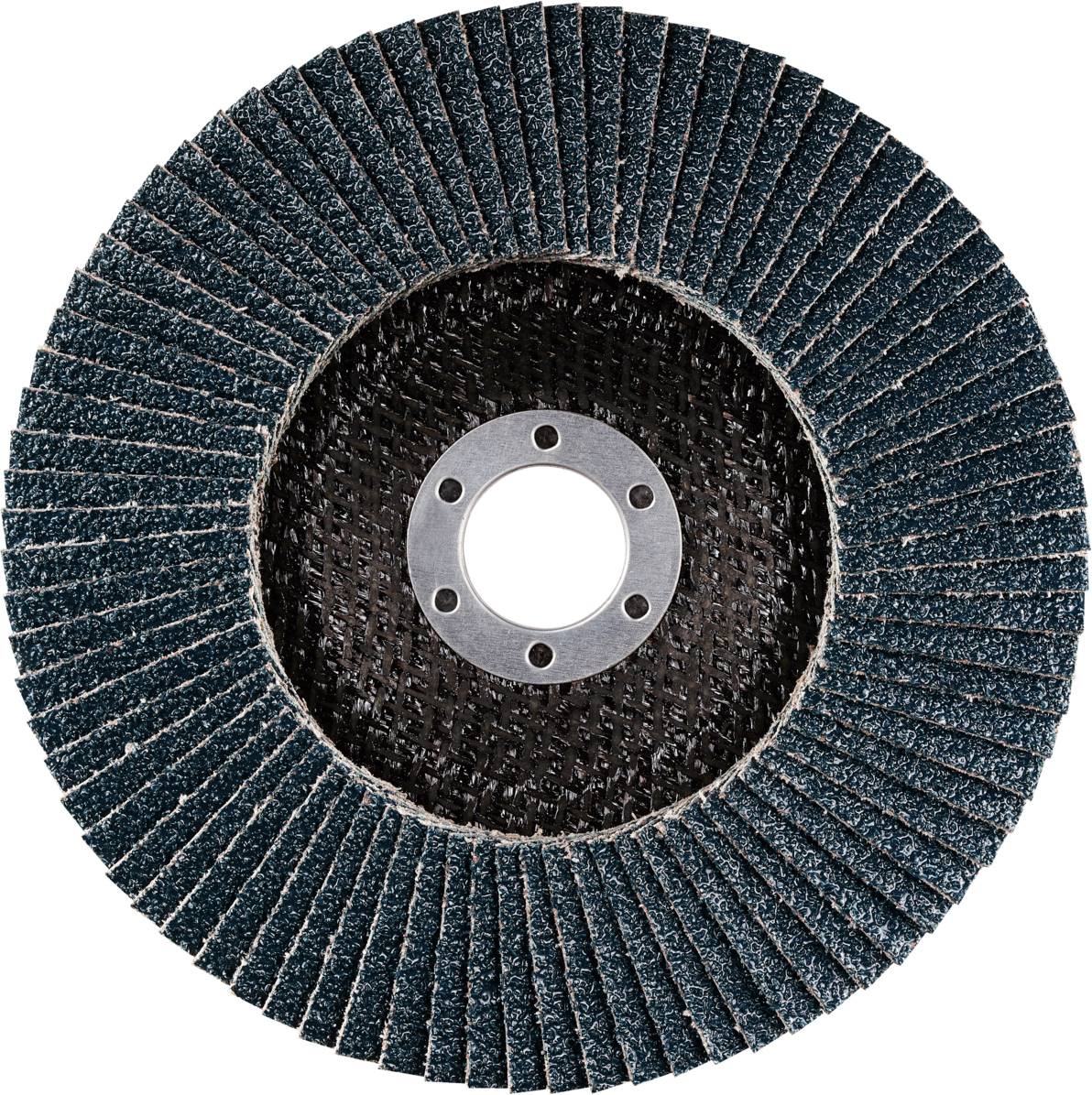 Schleifscheibe in kreisförmiger Anordnung, bestehend aus blauen Schleiflamellen um ein zentrales Loch, geeignet für Oberflächenbearbeitung.
