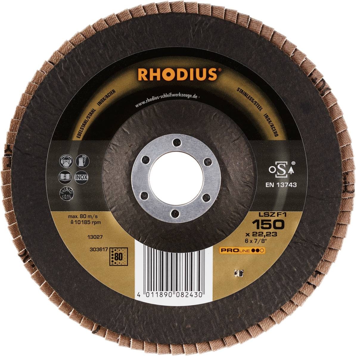 Schleifscheibe von Rhodius, Modell LSZ F1, Durchmesser 150 mm, Bohrung 22,23 mm, gekennzeichnet mit Sicherheits- und Produktinformationen.