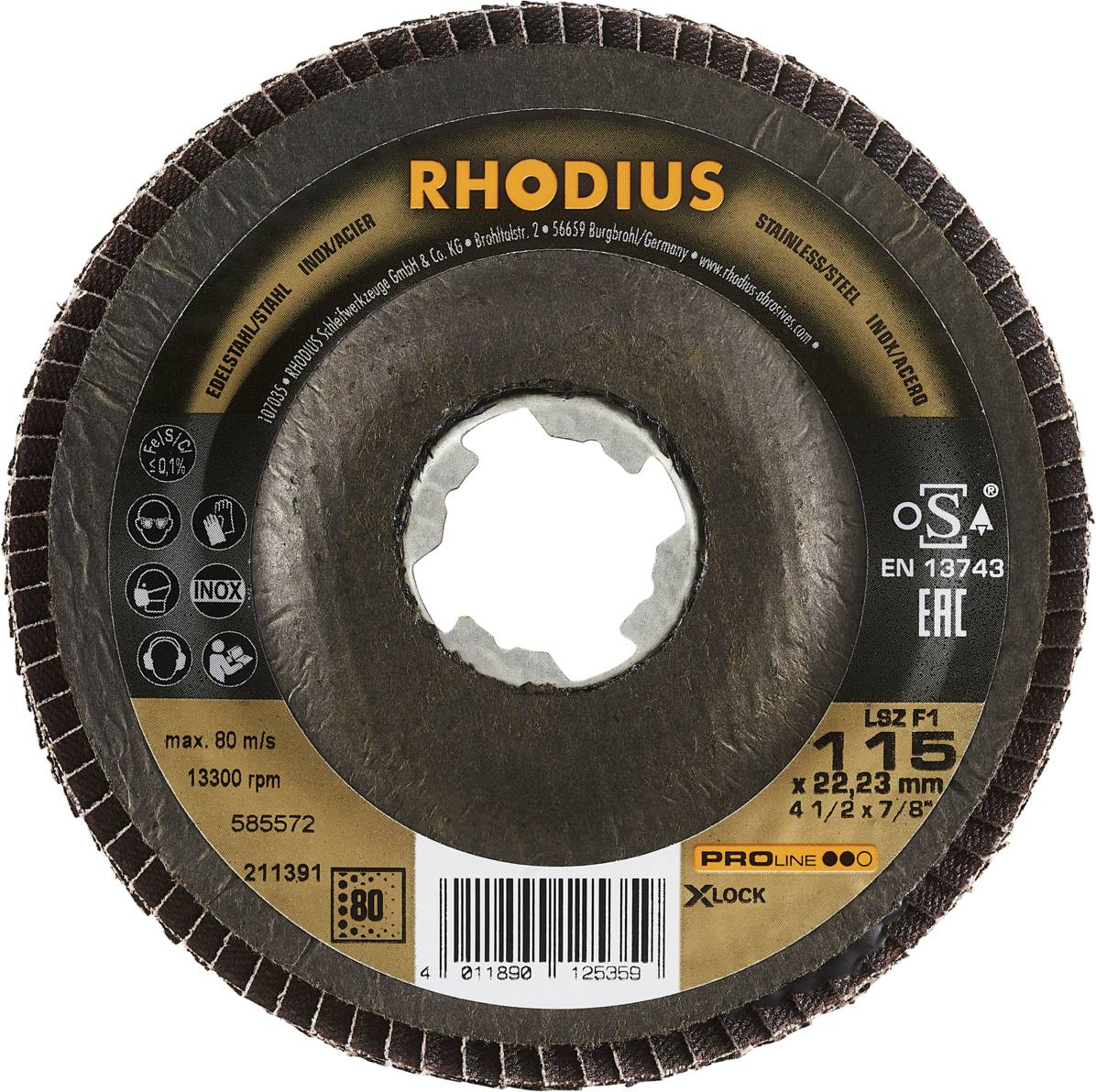 'RHODIUS' Schleifscheibe für Edelstahl, max. 80 m/s, 13300 U/min, 115 x 22,23 mm, mit X-LOCK-System und verschiedenen Zertifikaten.