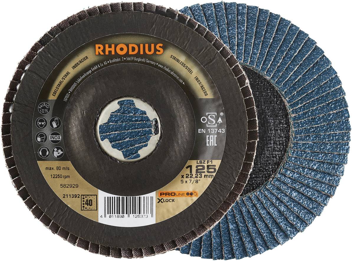 'RHODIUS Schleifscheiben', eine ausgerichtet mit Produktinformationen und technisches Spezifikationen. Abgebildet sind Ober- und Unterseite.